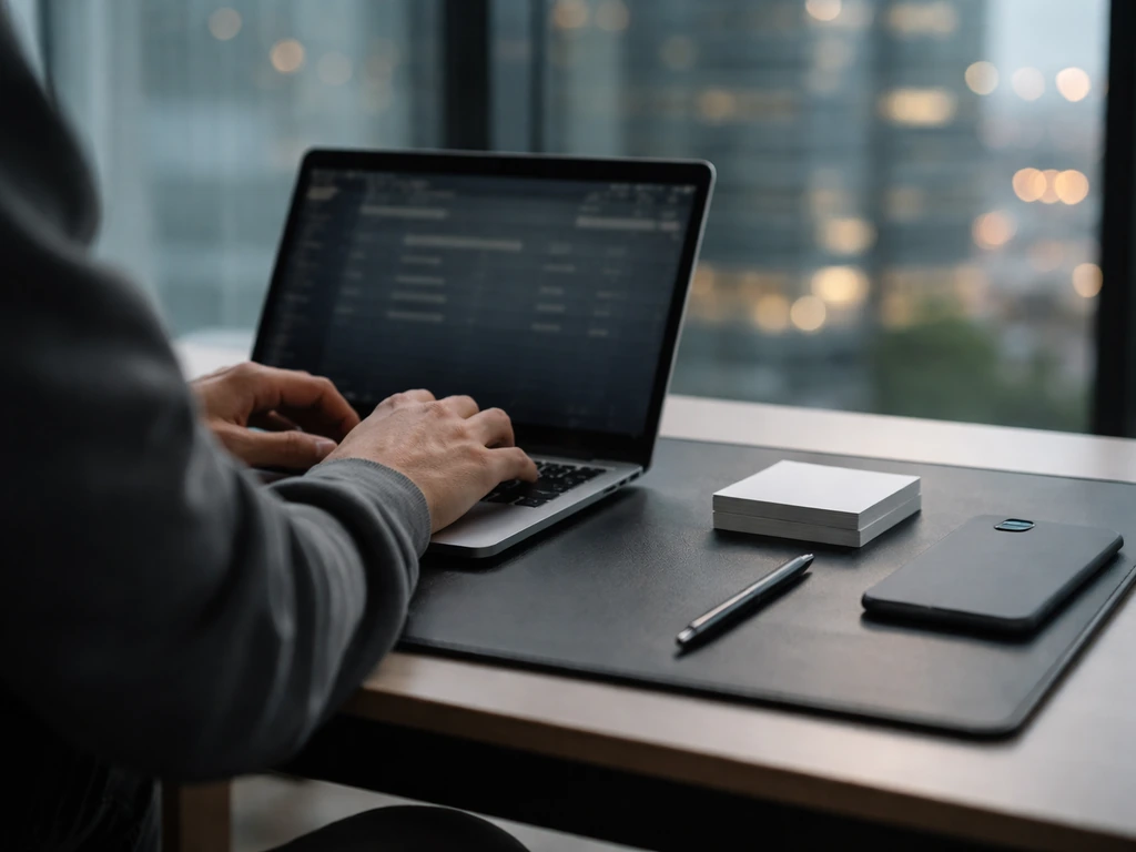 Anonymous tech desk scene with hands on a laptop, city bokeh, and business items suggesting analytics and wealth.