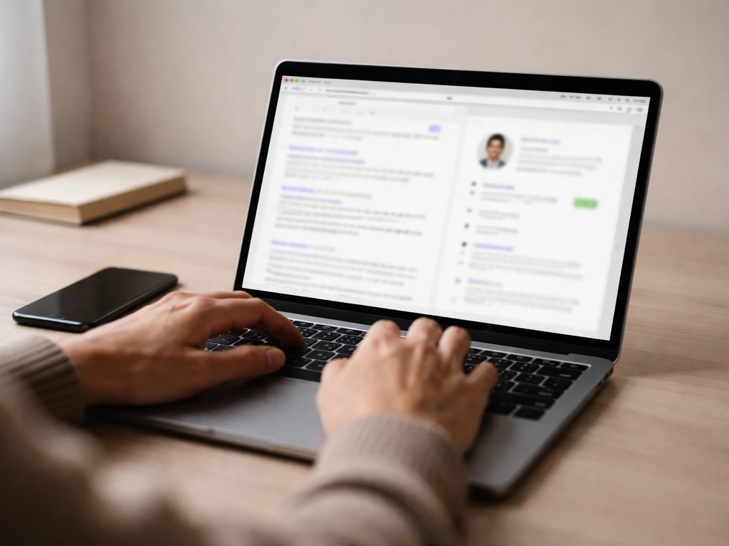 Laptop with blurred search-like results and LinkedIn-style interface, symbolizing verification of an IT professional