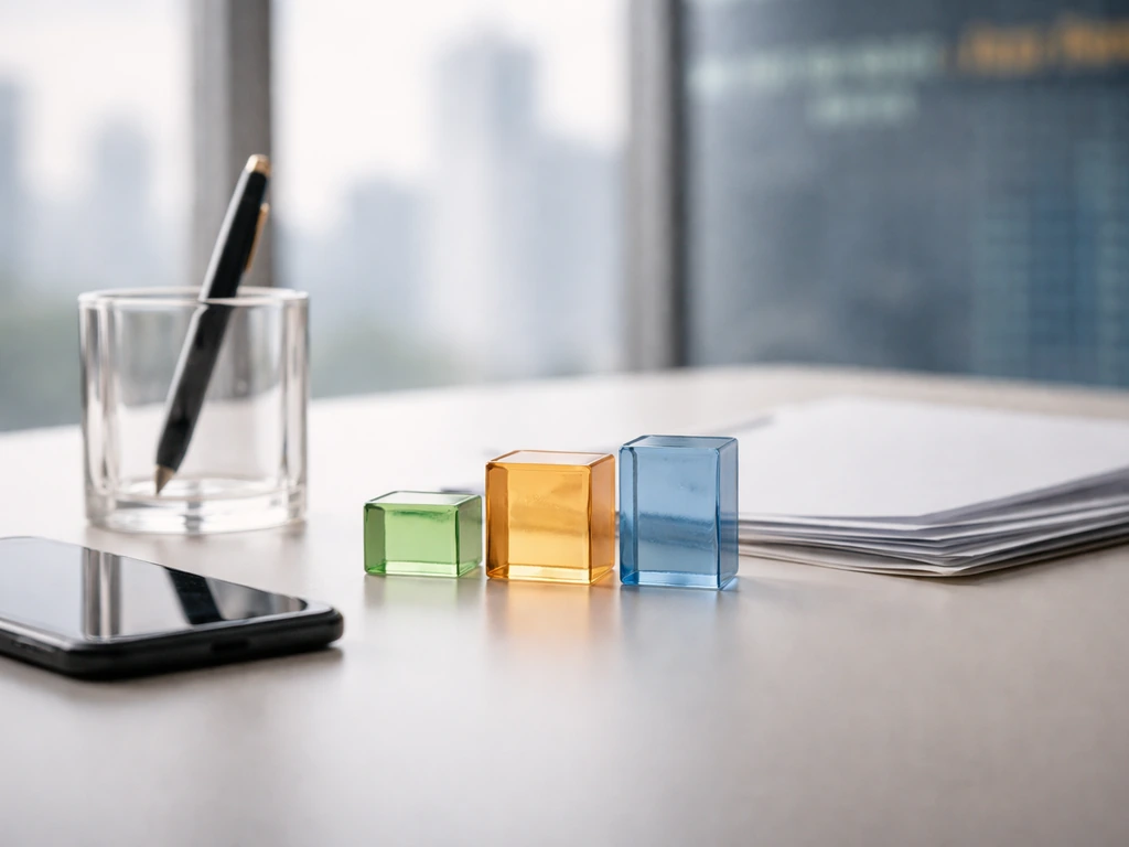 Minimal desk scene with timeline-like colored glass blocks and office city view, suggesting IPO equity upside.