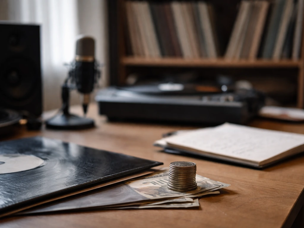 Anonymous music studio desk with microphone and subtle money cues suggesting royalty net worth estimation.