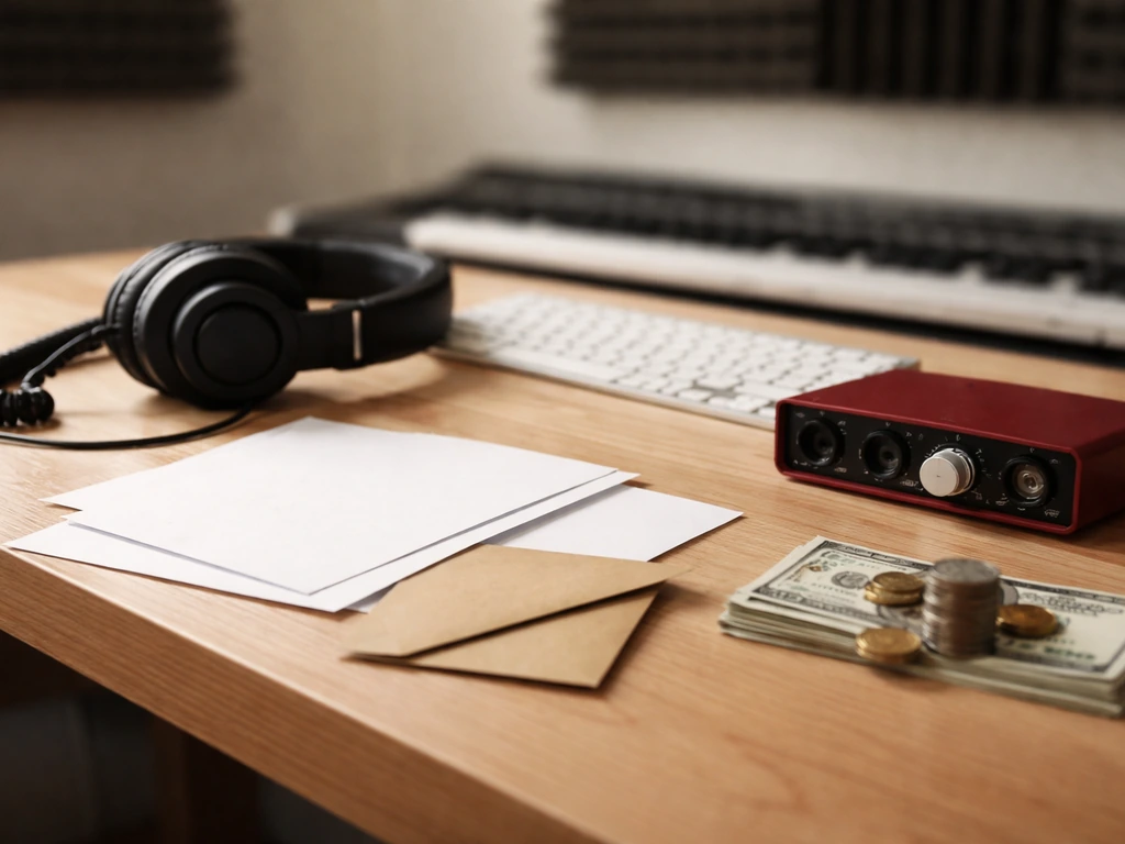 Music producer style desk with studio gear and cash-like symbols for royalties and income mapping concept