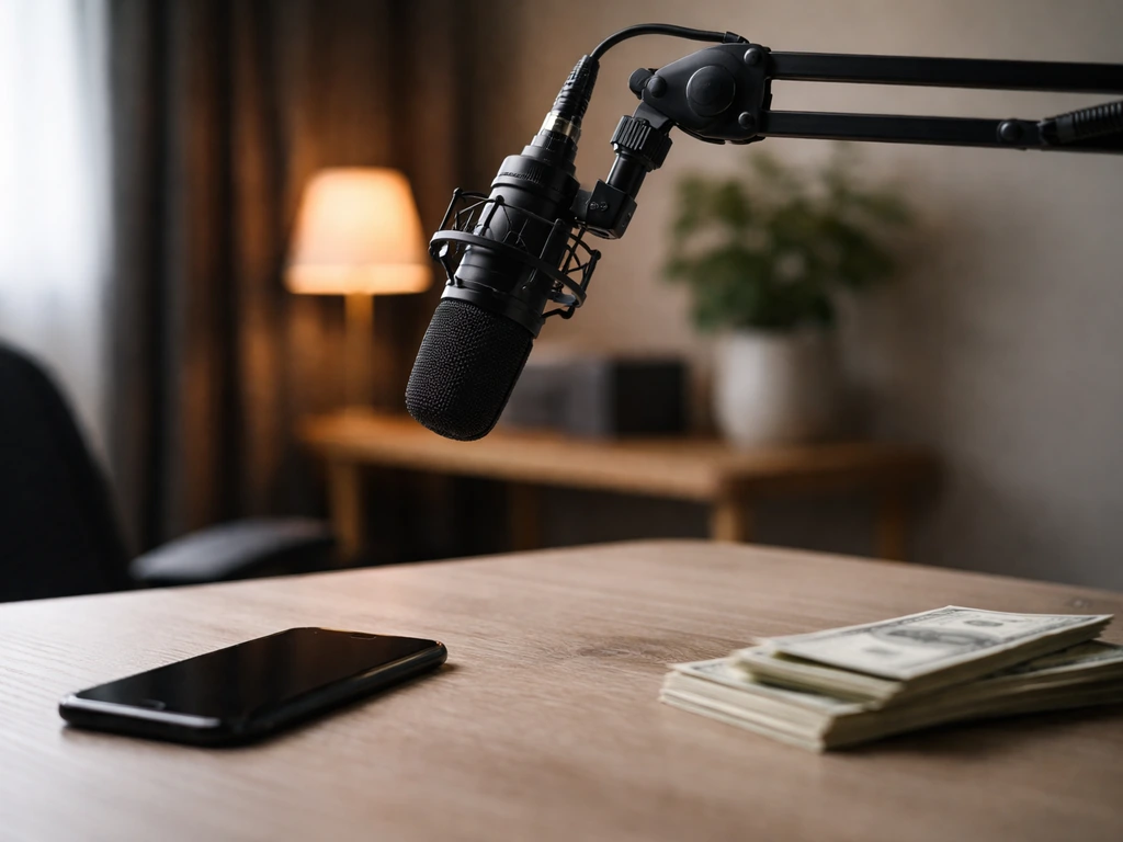 Minimal studio desk scene symbolizing estimating an entertainer’s net worth, with microphone and cash-like props