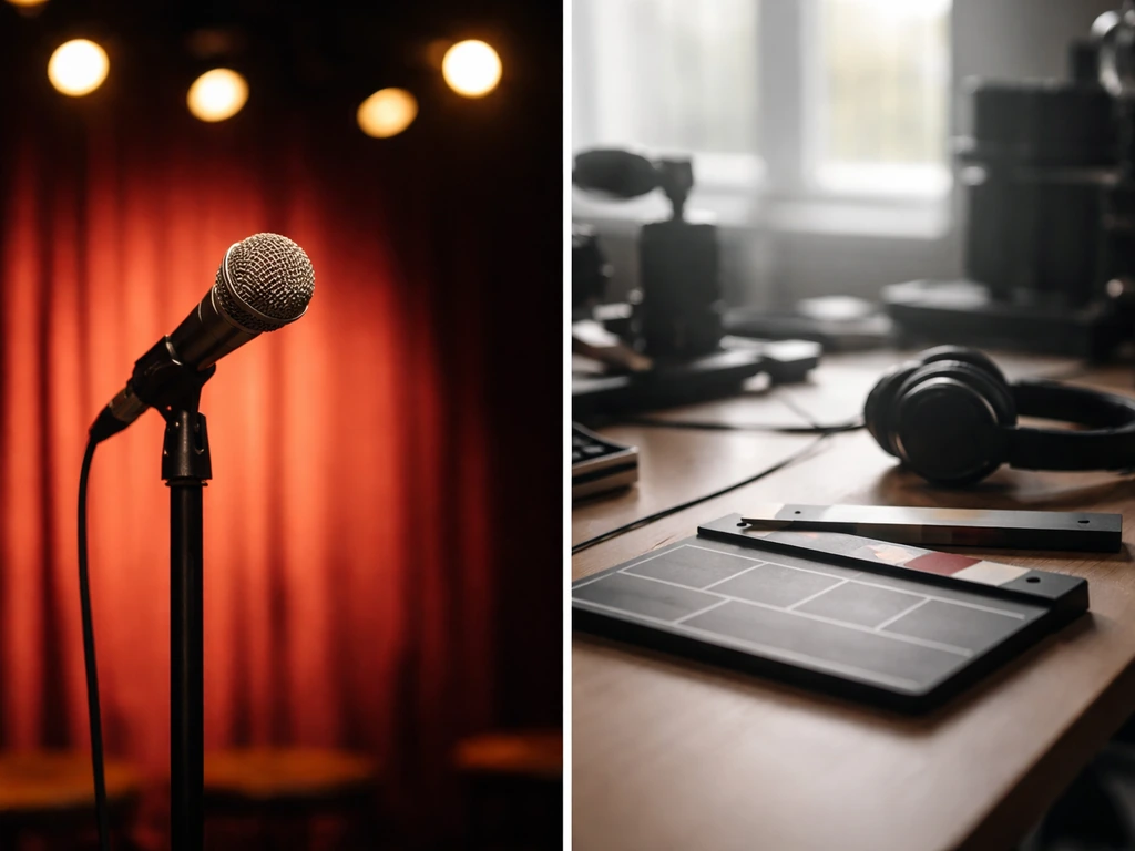 Side-by-side panels showing an anonymous comedy club mic and a production clapboard and headphones.