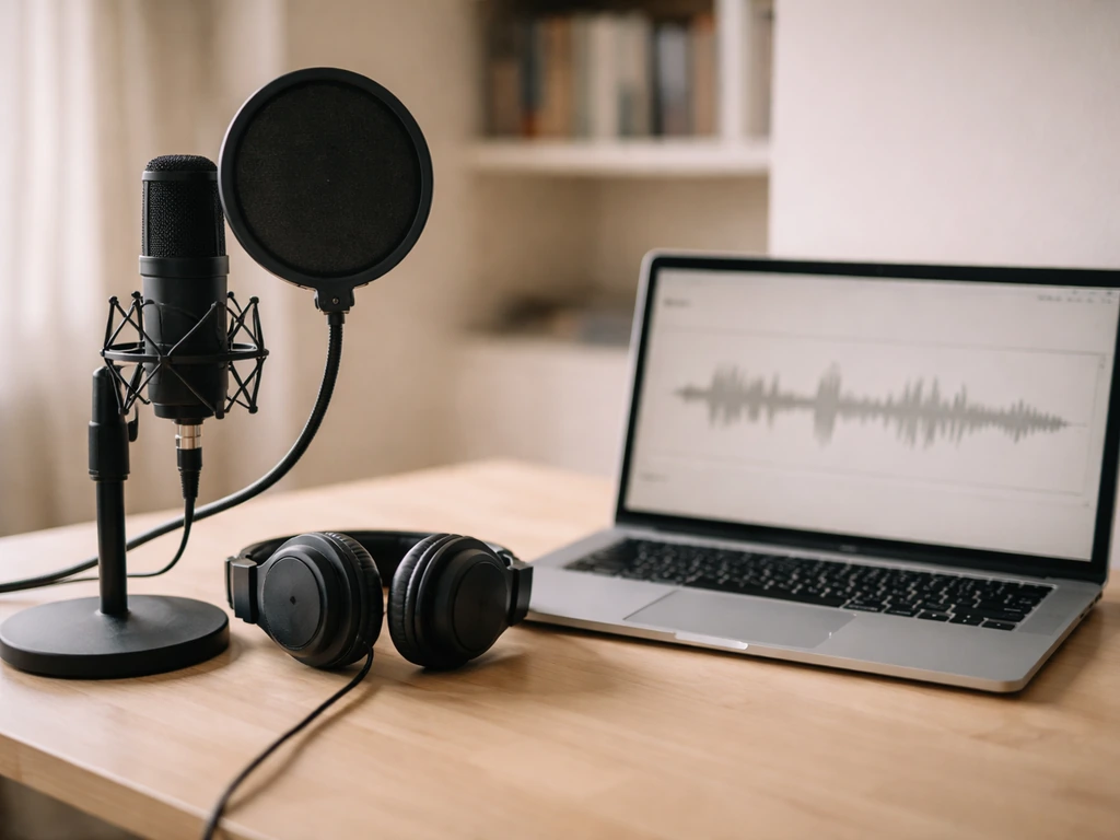 Minimal podcast desk scene with microphone, headphones, and a laptop showing an audio recording setup.