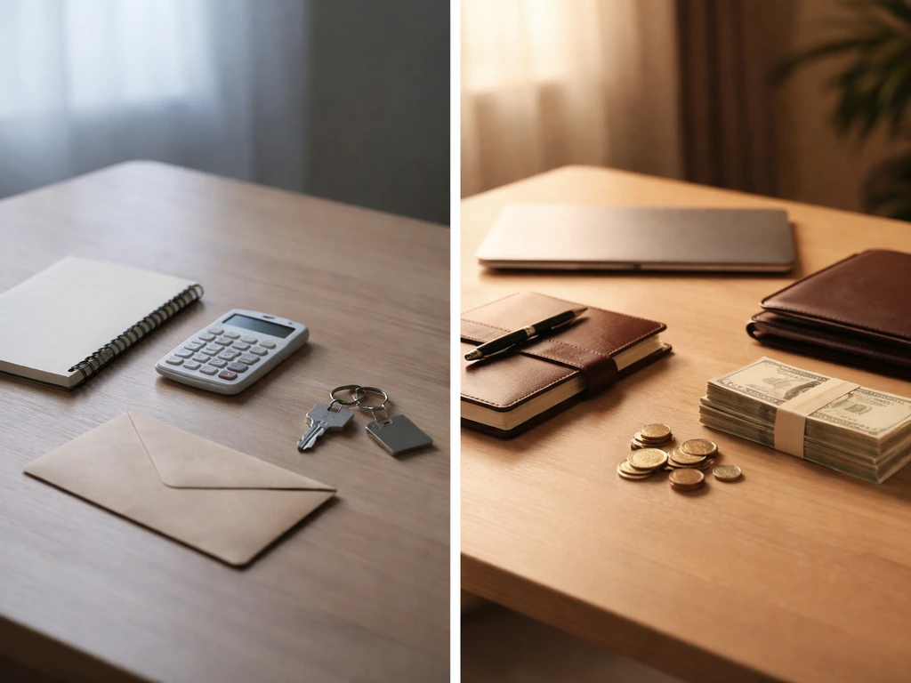 Minimal split-scene photo showing early-career and current-phase wealth progression with anonymous office setting