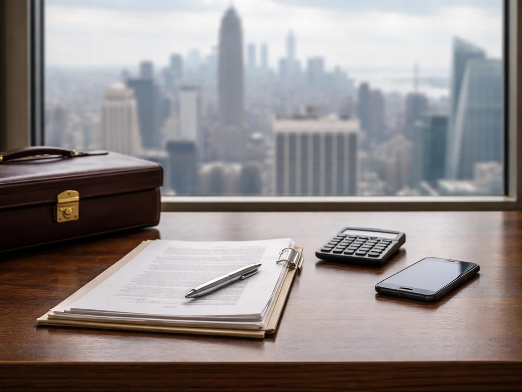 Real estate attorney vibe: desk with legal documents, calculator, and a NYC skyline view through window.