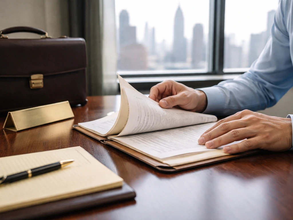 Hands reviewing real estate legal documents on a desk with a blurred NYC skyline outside