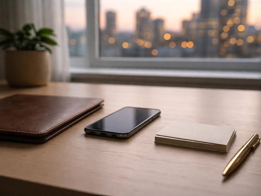 Minimal desk with portfolio and pen beside a dark city window, symbolizing financial estimate work