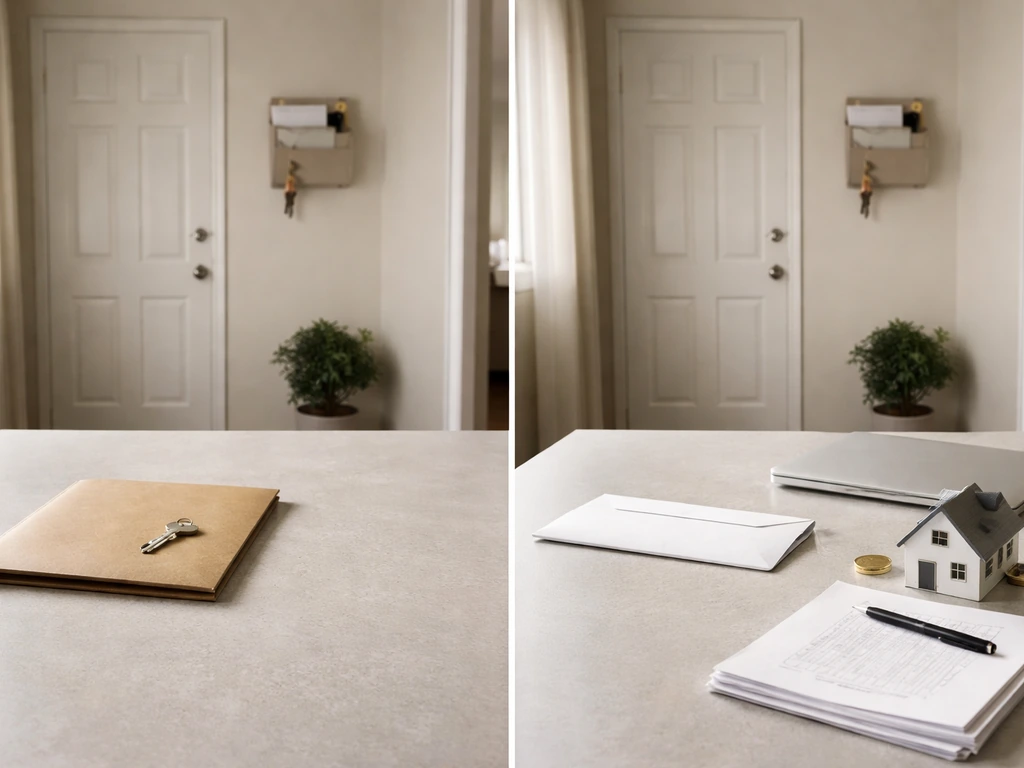 Split before/after photo: mortgage keys and folder on one side, legal documents and coin beside a house model on the oth