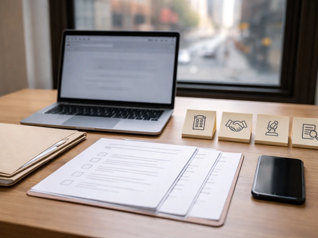 Minimal desk scene with NYC property records, law/brokerage folders, and evidence checklist items