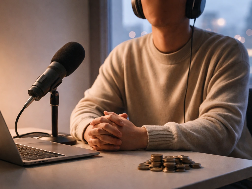 Anonymous media studio desk scene with headphones, microphone, and coins suggesting money analysis
