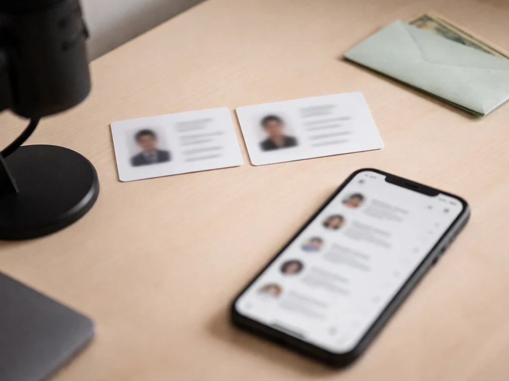 Minimal desk scene with blurred profile cards and a phone, symbolizing different Matthew Ridge identities.