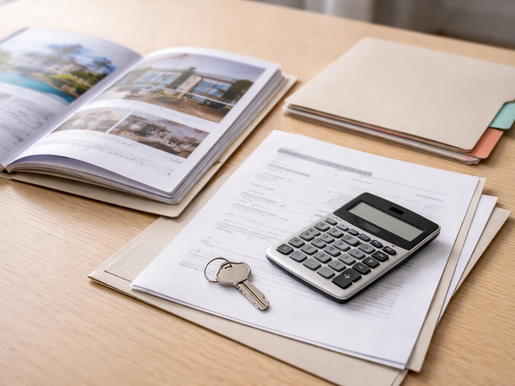 A calculator beside real estate and mortgage documents to symbolize assets minus liabilities.
