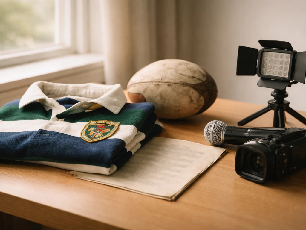 Rugby jersey and memorabilia beside TV/media gear on a tidy desk, symbolizing two career income streams.