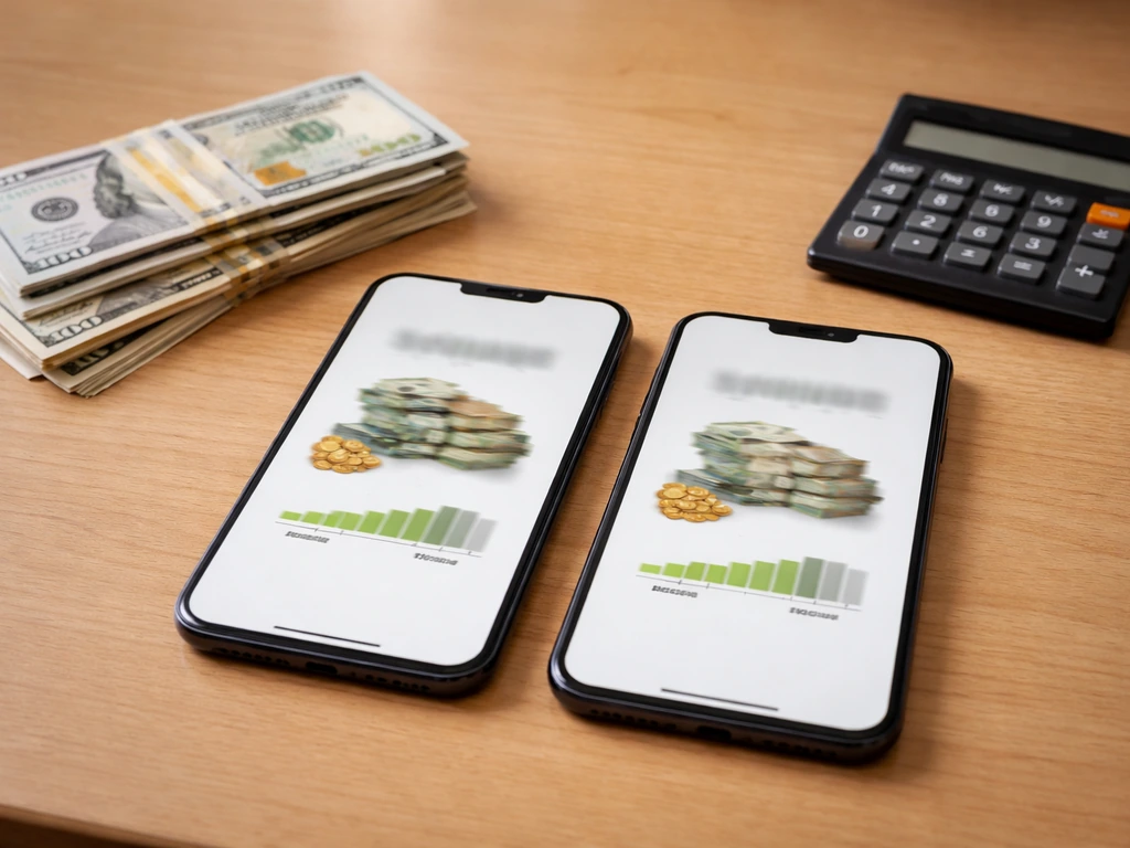 Two unlabeled phone screens showing different vague money-estimate visuals on a desk with cash and calculator.