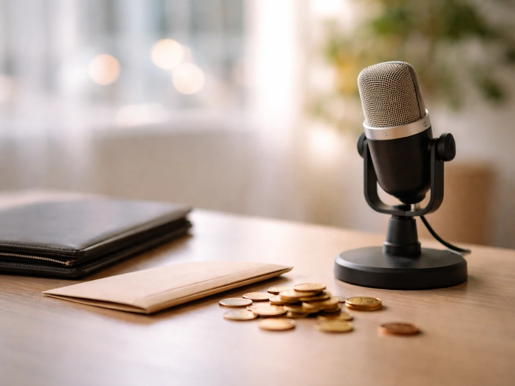 Minimal desk scene with a microphone and scattered coins, suggesting an actor’s net worth estimate