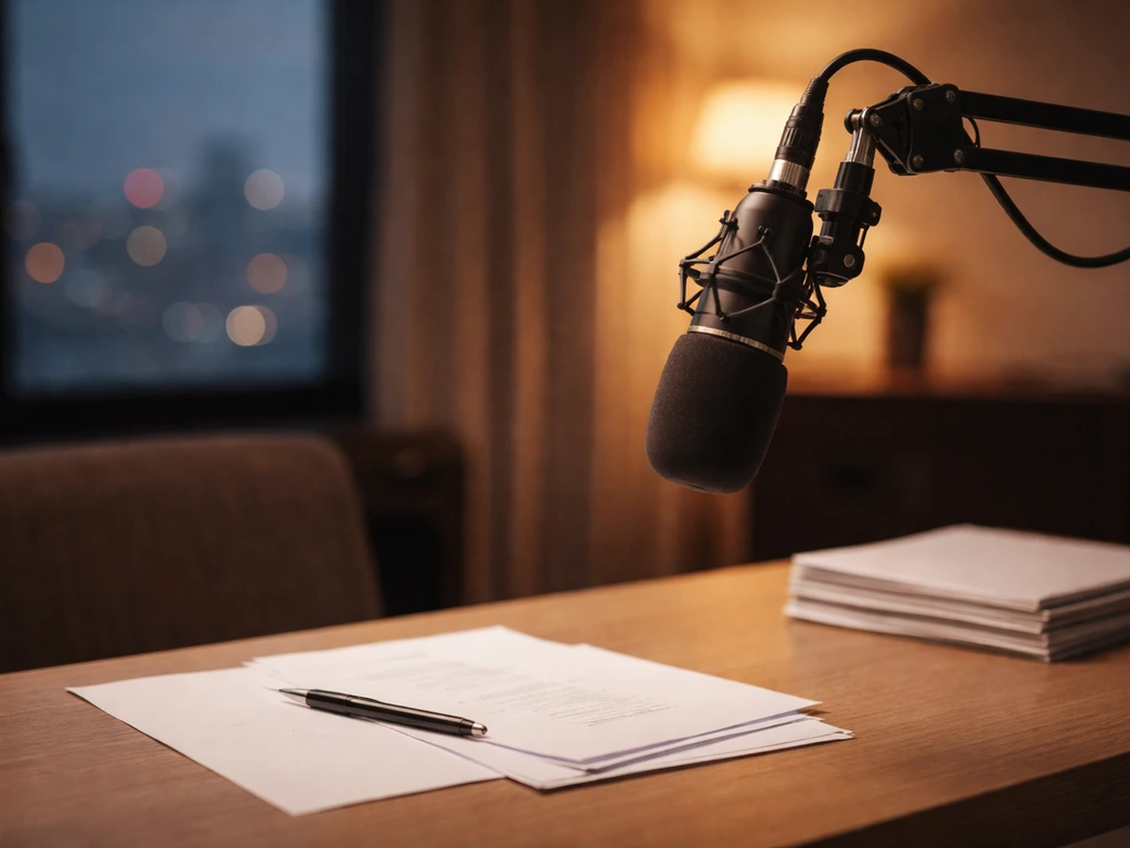Minimal studio desk scene with microphone and scattered scripts, symbolizing an actor’s career and earnings