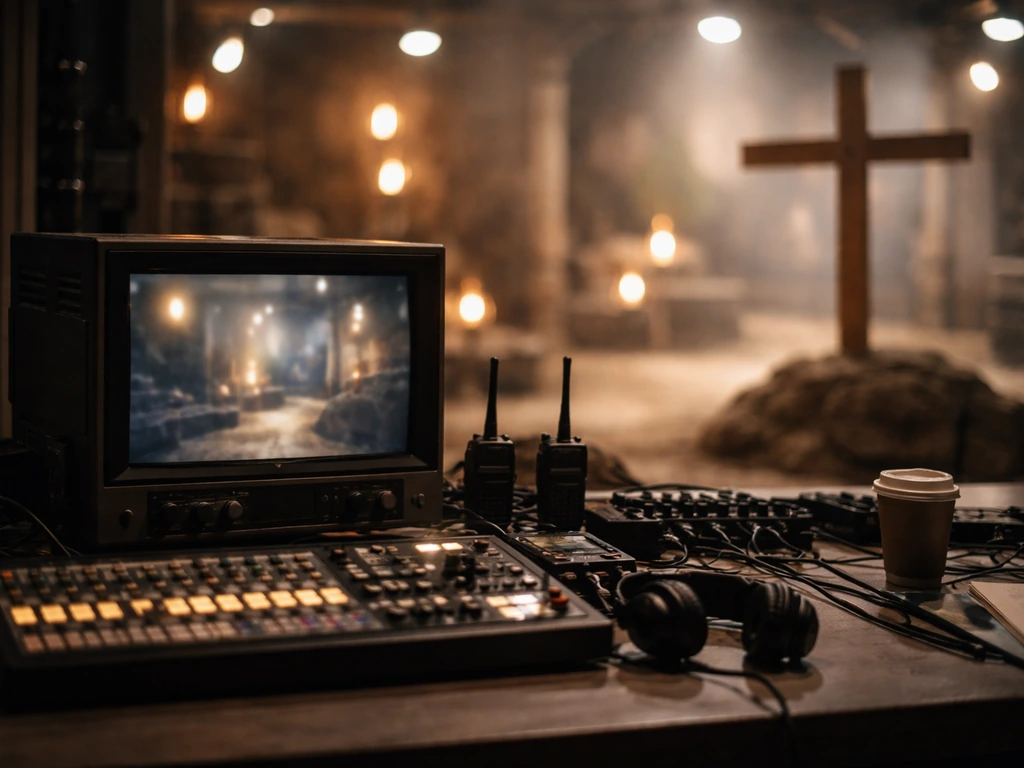 Minimal TV set scene with studio monitors and warm lights, symbolic faith prop near a production desk.