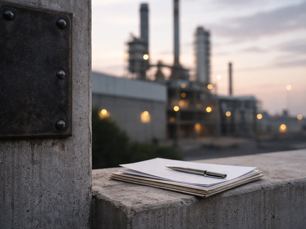 Close-up of a dark metal sign and a blurred factory exterior at dusk, symbolizing firearms manufacturing equity