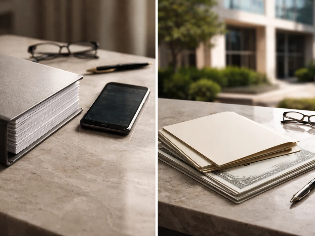 Minimal tabletop scene with blank SEC-style documents and a blurred luxury building exterior, symbolizing compensation a