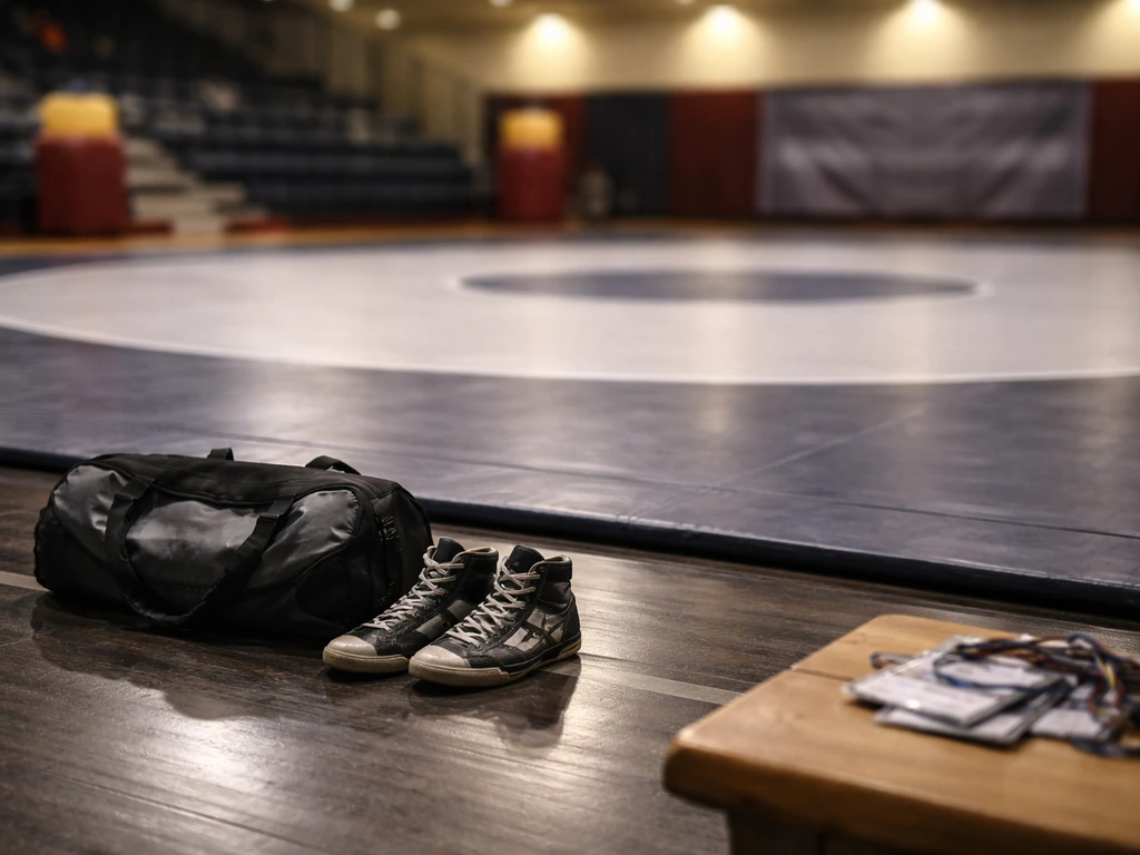 Empty wrestling mat in a maroon-and-gold arena, with gear nearby and a blurred meet backdrop.