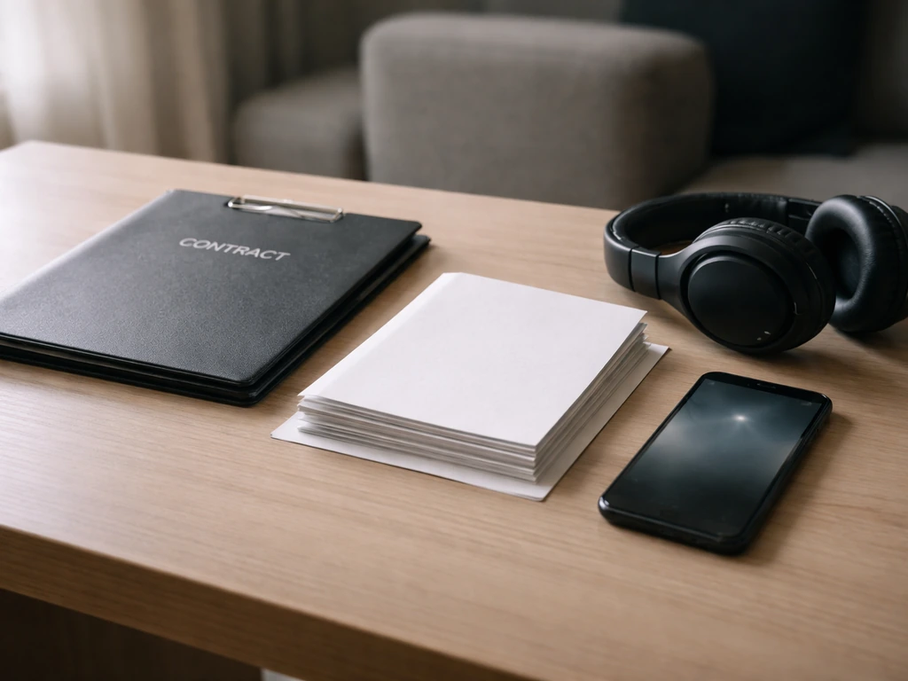 Minimal desk scene with a contract folder, smartphone, and a pair of headphones suggesting income streams.