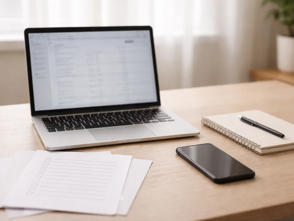Desk with laptop showing contract-database style pages, plus printed checklist for verifying sources
