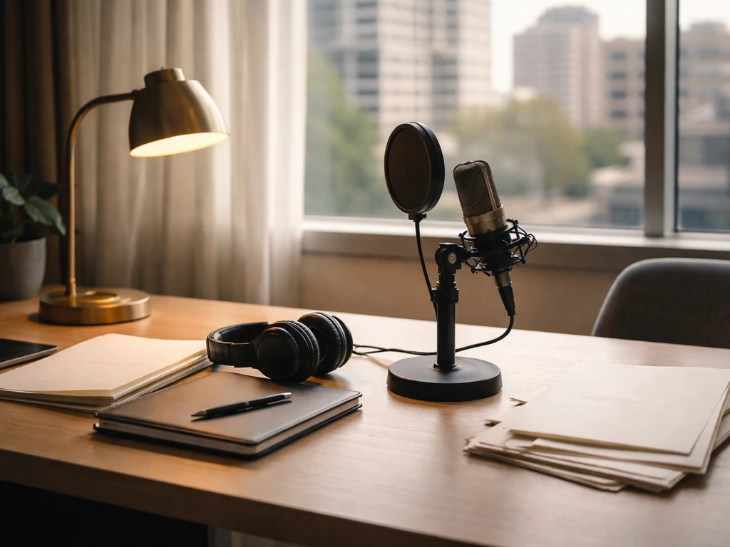 Minimal music office scene with microphone and headphones on a desk, symbolic of media business wealth.