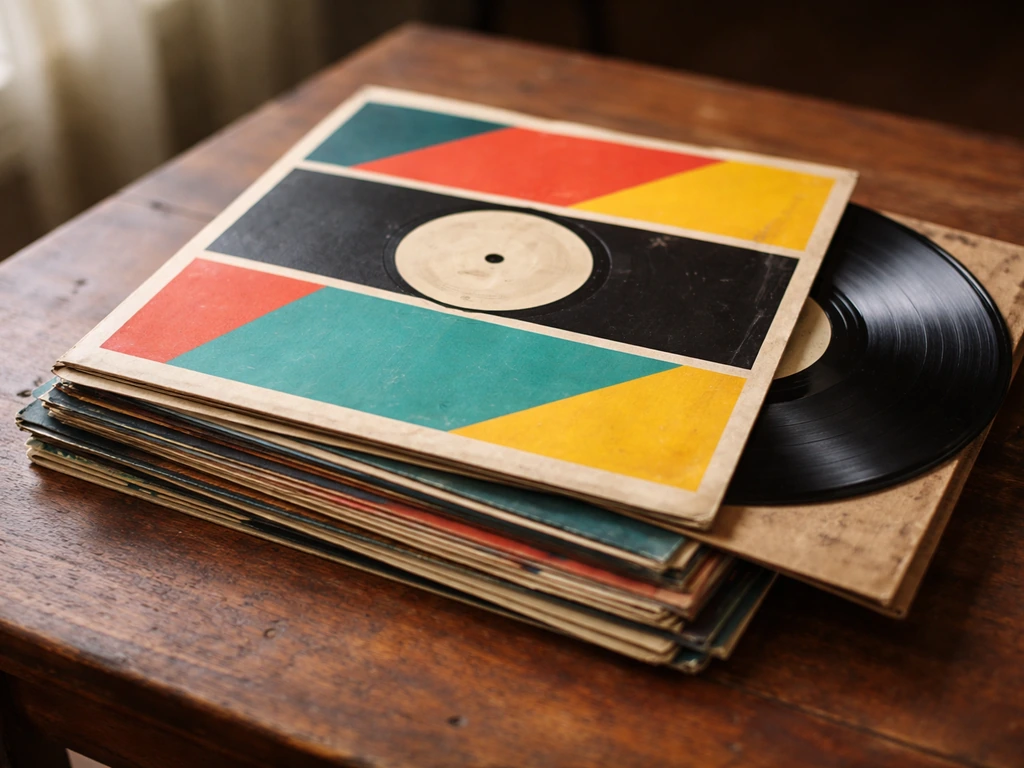 Close-up of a vintage vinyl sleeve with aged hip-hop label-style branding and texture, brand-like but no readable text.