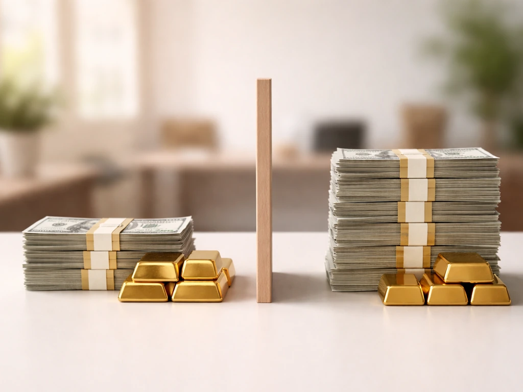 Two simple cash-and-gold stacks on a desk, taller right stack to illustrate a $20M–$40M range comparison.