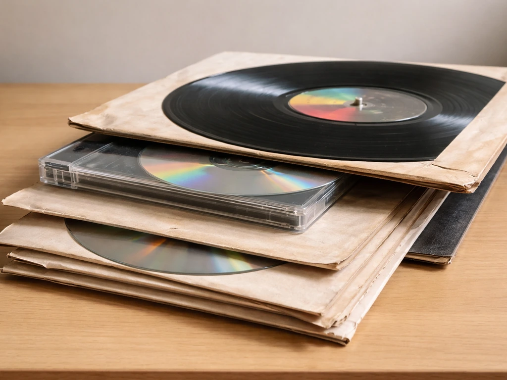 Close-up of vinyl and CD sleeves on a wooden table, symbolizing music catalog royalties and rights.