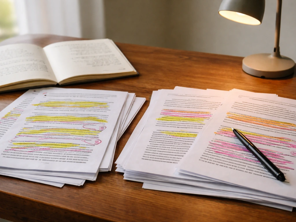 Minimal desk with highlighted press clippings and handwritten notes, two evidence stacks suggesting different numbers.