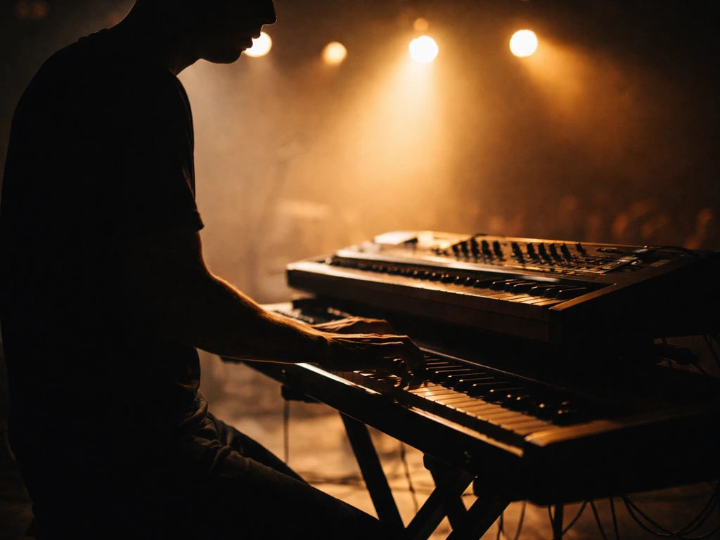 Musician performing with a keyboard on stage, warm lights, minimal concert scene symbolizing music and fame