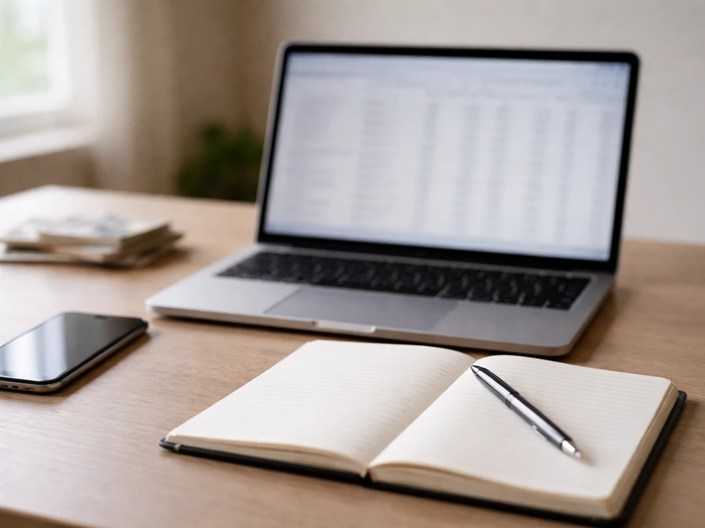 Minimal desk scene with laptop and blank finance papers suggesting how net worth estimates are built.