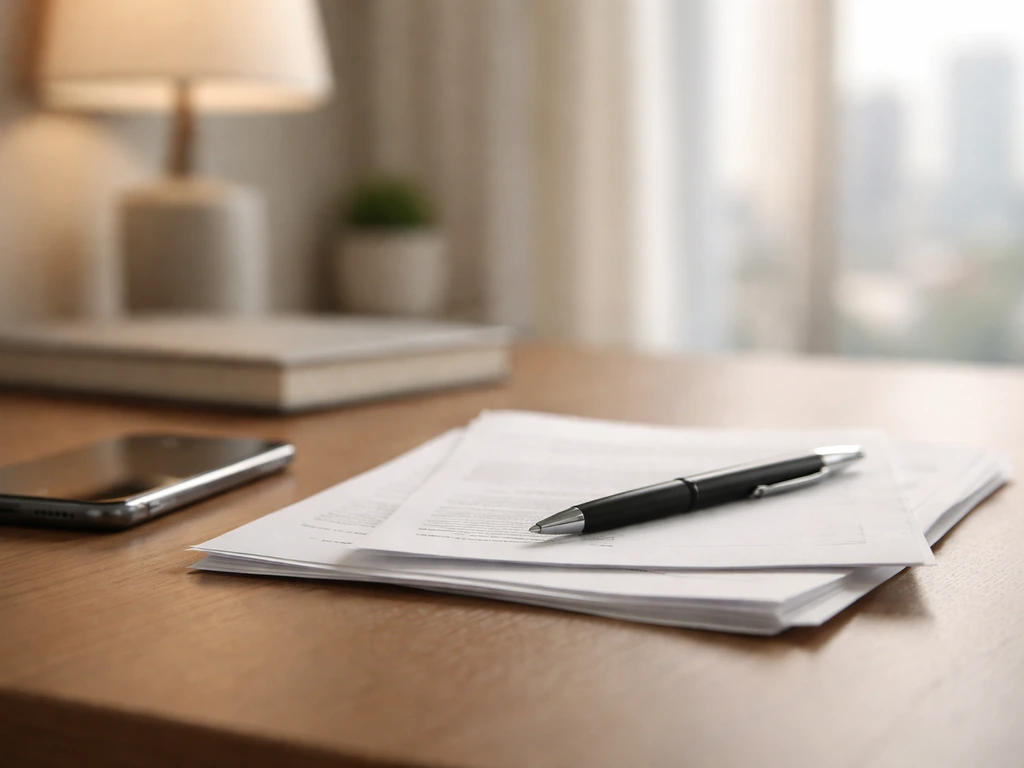 Close-up of a simple desk setup with a smartphone and scattered documents, symbolizing net worth research.