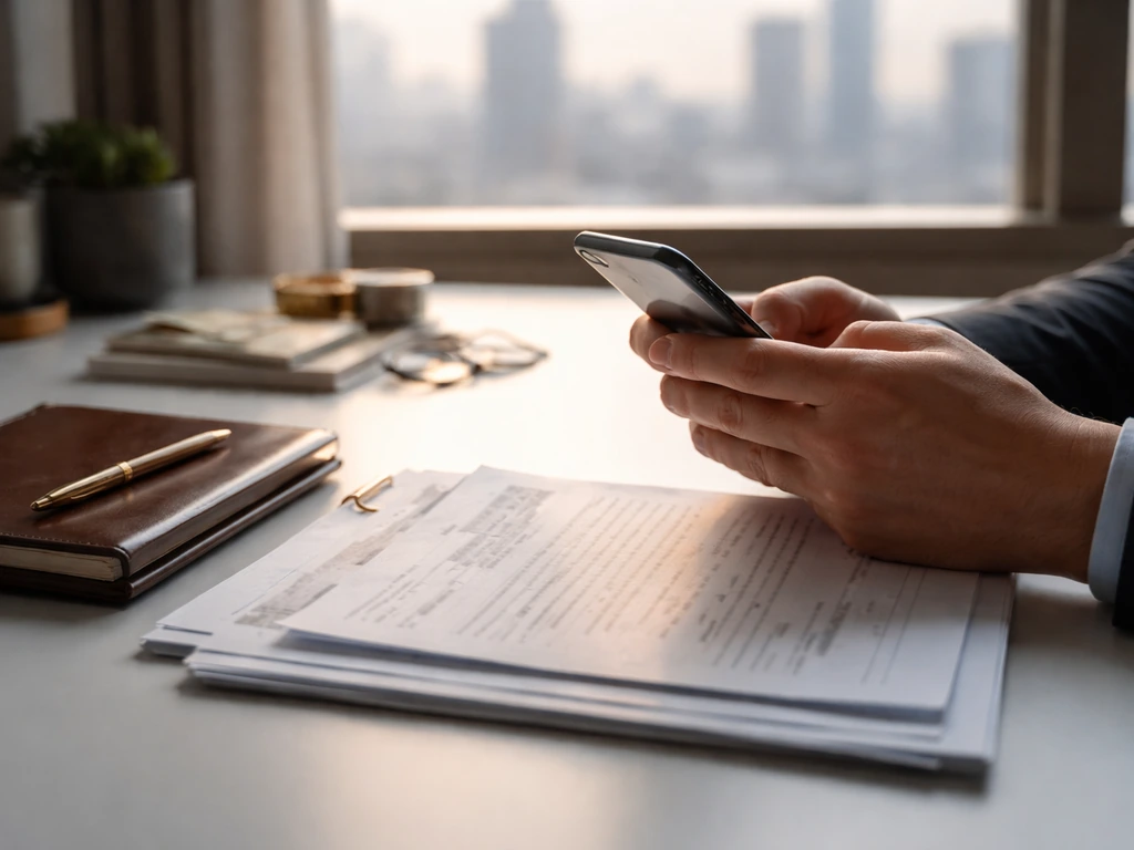 Hands reviewing documents on a minimalist desk with a city view, symbolizing researching net worth verification.