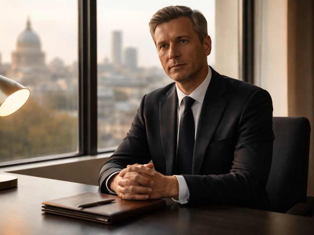 Anonymous British investor in a minimalist office, with soft city light suggesting wealth and finance