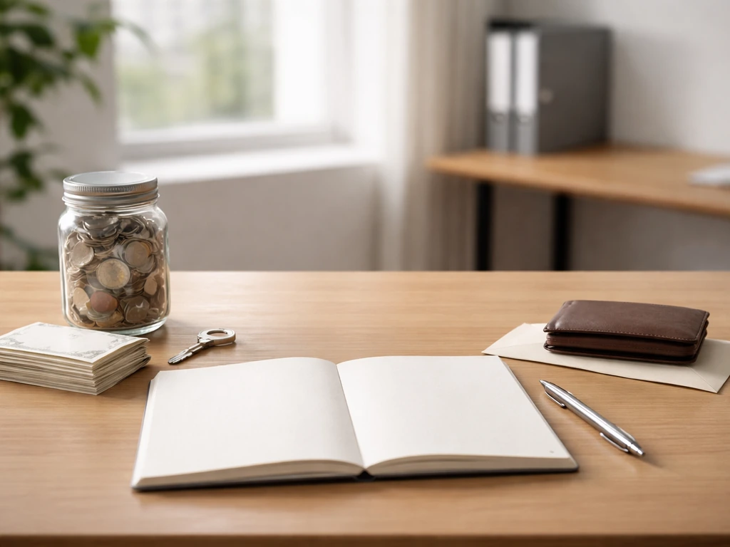 Minimal office desk with cash, coins, and envelopes symbolizing assets and debts for net worth calculation.