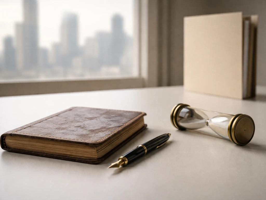Minimal office desk still life with an old investment notebook, pen, and hourglass symbolizing career milestones