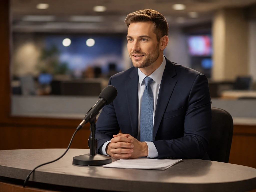 Anonymous TV news anchor at a studio desk with a microphone, blurred newsroom background, no text.