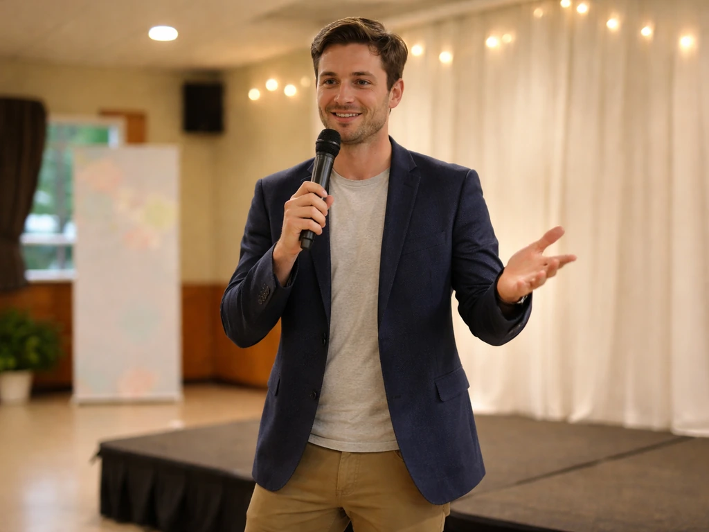 A local emcee holding a microphone at a community event stage with blurred banner in background