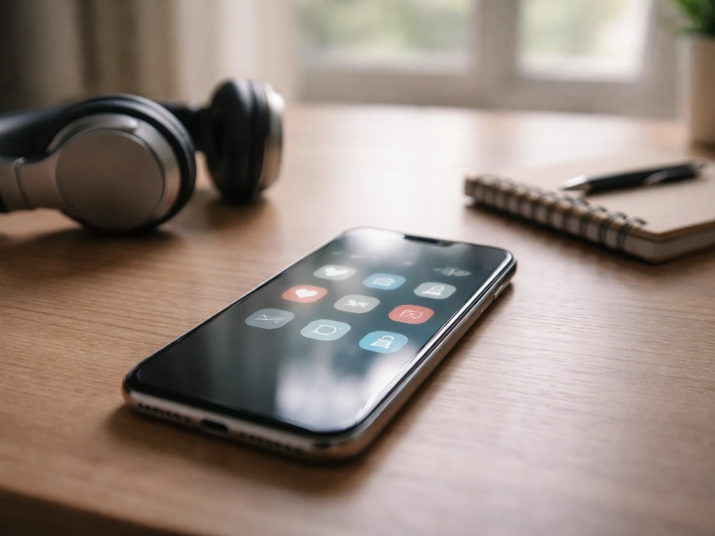 Close-up of a smartphone with social media apps on-screen on a desk, symbolizing digital presence