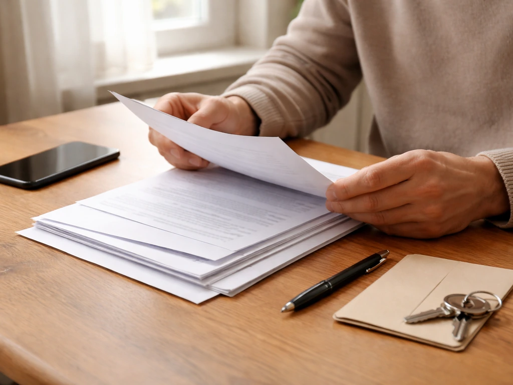 Person reviewing paperwork and a smartphone near a notepad and keys in a quiet home office