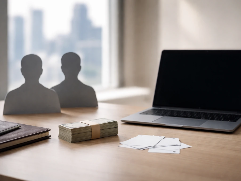 Minimal desk scene with two anonymous profile silhouettes and a money-themed background for net-worth disambiguation