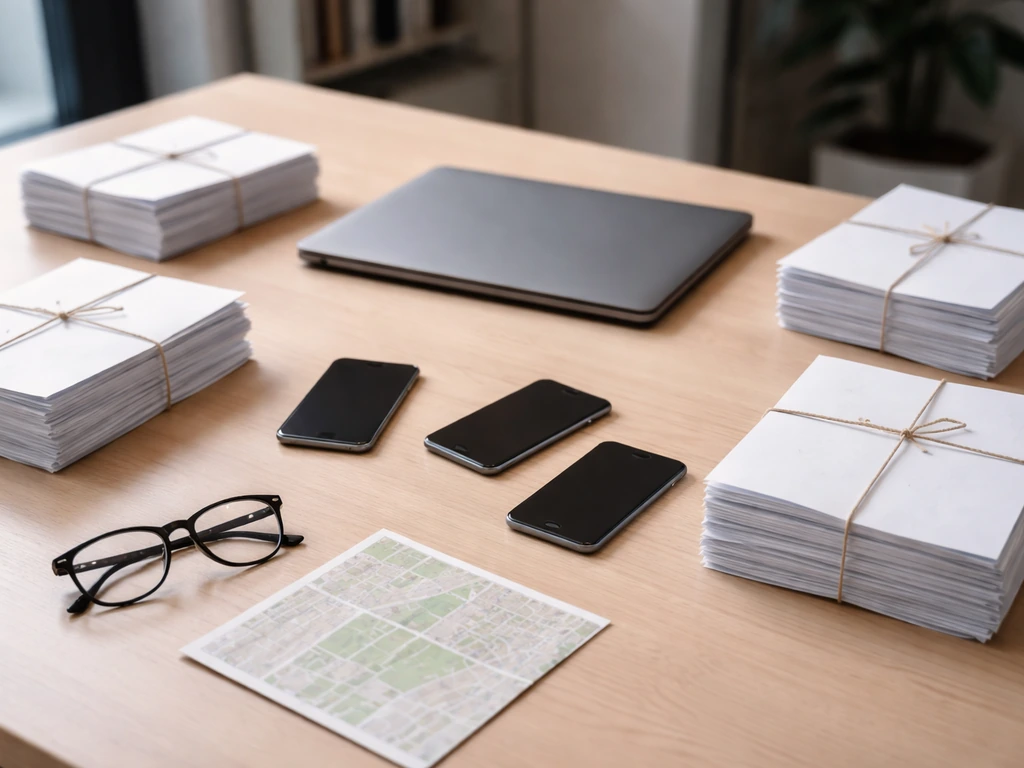 Minimal desk scene with multiple blank document stacks and phones, symbolizing different public profiles.