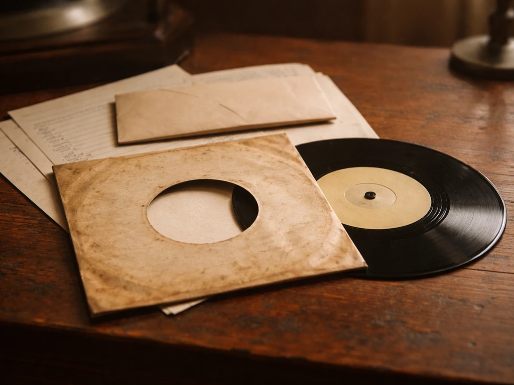 1960s vinyl single and royalty-related paperwork on a wooden desk in warm vintage light