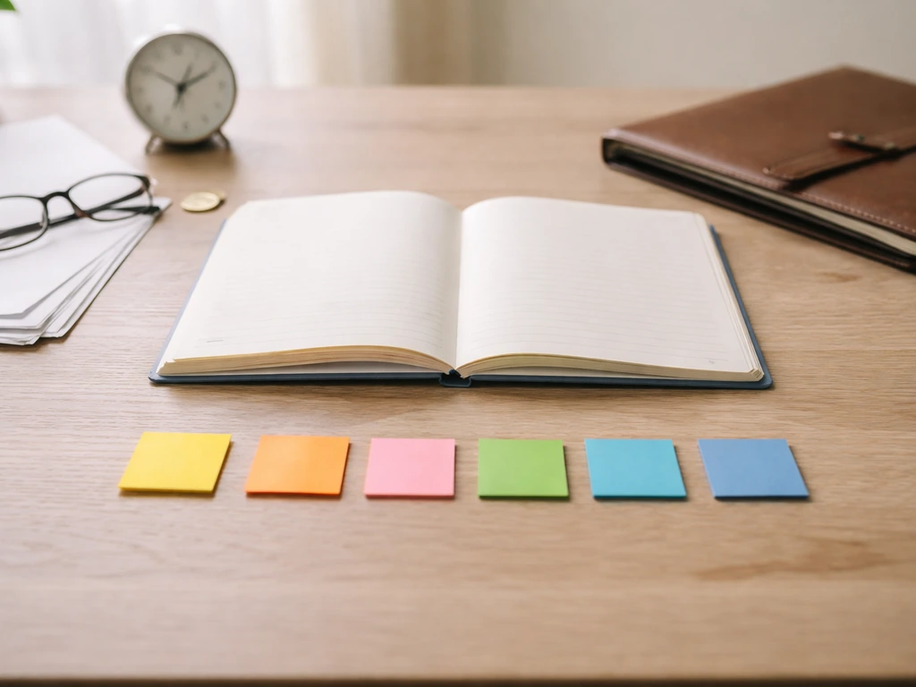 Minimal desk scene with colored tabs and an open notebook suggesting career phases over time.