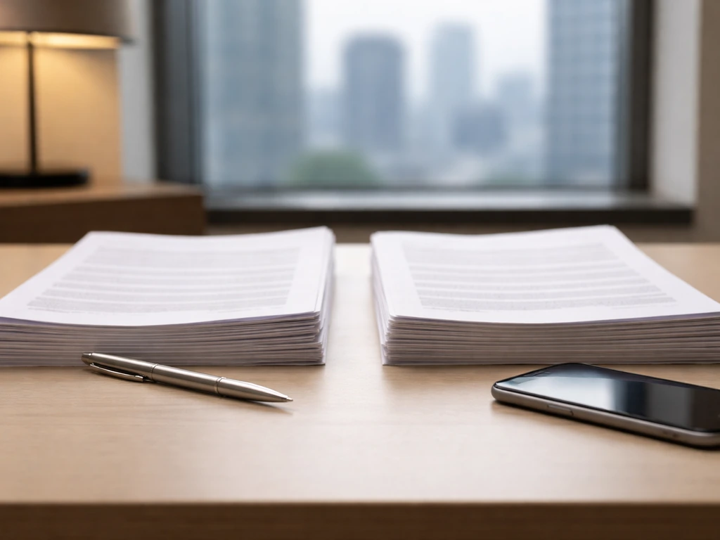 Two stacks of printed financial documents side by side on a desk with a pen and phone nearby.