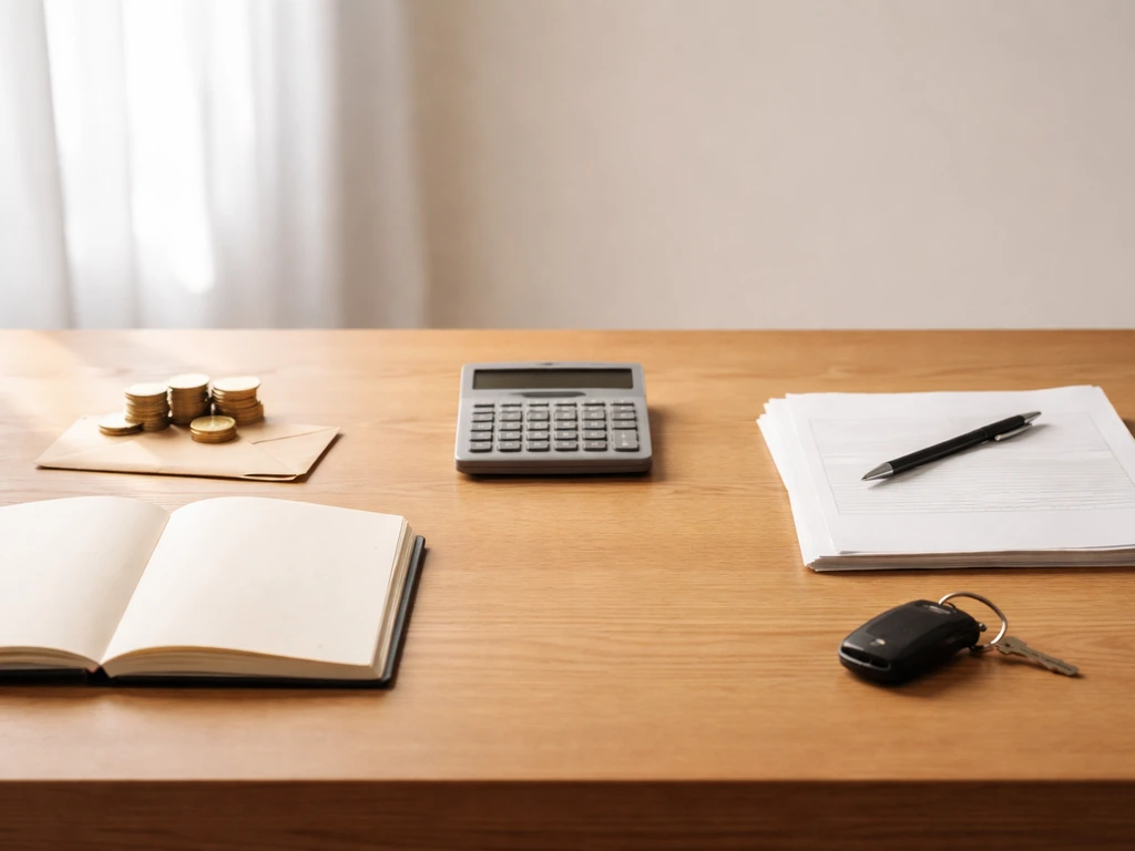 Minimal photo of a desk with a notebook, envelope, and small cash and coins beside a calculator-like device