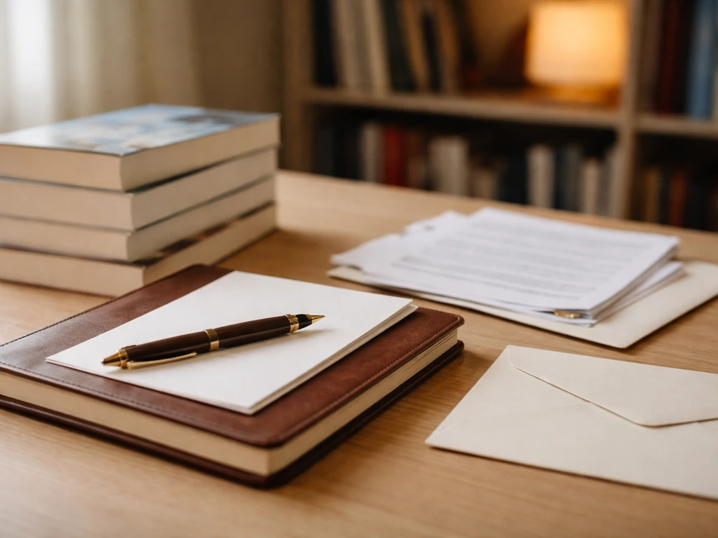 Books and blank contract-like papers on a desk, symbolizing publishing royalties without any text.